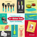 Baketivity Kids Cooking Set Real Utensils With Kitchen Tool Guide - Complete Junior Cooking Set Gift For Girls Or Boys With Mixing Bowls, Cutting Board, Knife, Apron - Kids Baking Set For Real Cooking