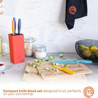 MasterChef Knife Block Set of 6 Kitchen Knives, Extra Sharp Stainless Steel Blades for Professional Cutting with Non Stick Coating & Soft Touch Easy Grip Handles in a Red Universal Block, Vivid Color