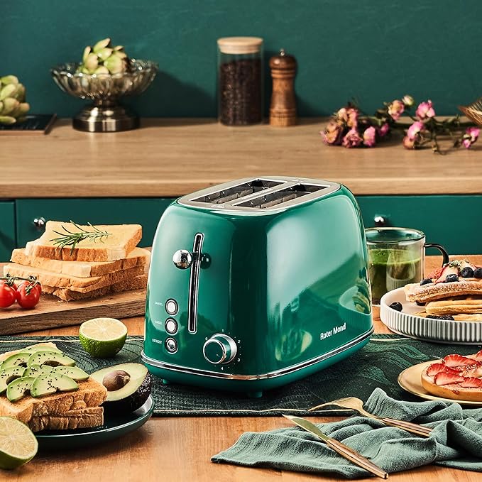 Roter Mond 2 Slice Toaster Retro Stainless Steel with Bagel, Cancel, and Defrost Functions, 6 Bread Shade Settings, Extra Wide Slots and Removable Crumb Tray, Green