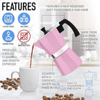 Zulay Moka Pot Espresso Stovetop Coffee Maker - Leak-Proof, Stainless Steel, Easy to Clean, Heat Resistant Handle & Knob - for Authentic Cuban & Italian Style Espresso - Makes 3 Espresso Cups - Pink