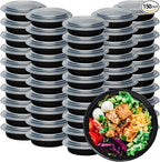 Klex 48 Oz, 150 Sets Meal Prep Containers with Airtight Lids, BPA Free, Reusable Plastic Food Container, 48 oz, Round, Black/Clear, 150 Sets