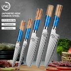 5 Piece Damascus Knife Set, Professional Japanese Knife Set with Japanese VG 10 Steel Core, Blue Resin Handle, Includes Chef, Santoku, Bread, Boning & Paring Damascus Knives in Gift Box