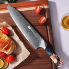 FINDKING Nebula Series Chef Knife with ABS Sheath, Multipurpose Japanese Gyuto Knife, 10Cr15CoMov Damascus Steel Blade, Resin and Figured Sycamore wood Handle, Full Tang, 8 Inch, Blue, for Meat