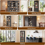 70.8" Tall Bookshelf with Doors, Farmhouse Modular Bookcase with 4-Tier Adjustable Shelves, Large Storage Cabinet for Home Office, Living Room, Black, Set of 3