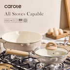 CAROTE 10" Ceramic Frying Pan with Lid, Non Stick Frying Pan Skillet Chef's Pan, Healthy & PFOA/PFAS Free, Induction-Compatible, Taupe