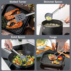 E-far Silicone Cooking Utensils Set, 7 Pcs Heat Resistant Kitchen Utensils with Stainless Steel Handle, Slotted Turner, Spoon, Soup Ladle, Pasta Server, Skimmer, Tongs for Nonstick Cookware, Gray