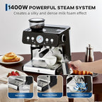 Garvee 20 Bar Pressure Stainless Steel Espresso Machine with Grinder, 2.8L Removable Water Tank, Milk Frother Steam Wand for Latte/Cappuccino - Adjustable Shot Volume, Professional Home/Office Use