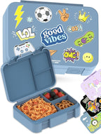BEARFOOT Kids Lunch Box with Compartments – Compact & Lightweight | Leak-Proof, BPA-Free, Dishwasher & Microwave Safe | Hand-Drawn Design for Preschool, School, Travel (Sticker Blue, 4 Cups)