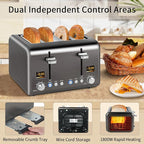 SEEDEEM 4 Slice Stainless Toaster with LCD Display, 7 Shade Settings, Wide Slots, Bagel/Defrost/Reheat Functions, Removable Crumb Tray, 1800W
