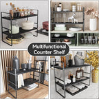 Expandable Cabinet Shelf Organizers, Stackable Metal Shelves Extender for Kitchen Countertop Storage, Adjustable Spices Shelves Rack Stand for Cupboard Pantry, Black