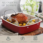KITESSENSU Nonstick Turkey Roasting Pan with Rack 17 x 14 inch - Large Chicken Roaster Pan for Oven - Wider Handles & Heavy Duty Construction - Suitable for 24lb Turkey, Red