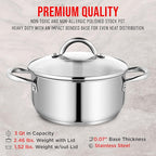 Stainless Steel Stockpot with Tempered Glass Lid 3 Quart, Durable 18/0 Stainless Steel, Impact-Bonded Base for Even Heating, Riveted Handles, Oven & All Stove Compatible, Safe Up To 500°F (260°C)