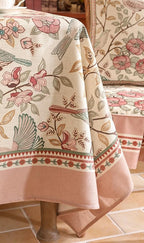 patdrea Designer Pink Linen Table Cloth for Rectangle Table,Vintage Floral with Birds Pattern Decorative Tablcloth,French Table Cover for Kitchen Dining,Thanksgiving,Christmas,55"x87"-Kulom a