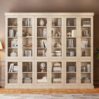 70.8" Bookshelf with Glass Doors, Farmhouse Modular Bookcase with 6-Tier Adjustable Shelves, Large Storage Cabinet for Living Room & Home Office, Brown