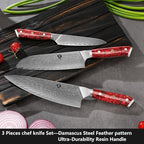WILDMOK Damascus Kitchen Knife Sets 3 PCS, Razor Sharp Kitchen Knives Made of Japanese Damascus Steel, Well-Balanced Damascus Chef Knife set with Premium Resin Full Tang Handle Triple Rivet Gift Box
