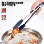 Doosu Kitchen Tongs for Cooking - 600°F Heat Resistant Food Tong Set with Non-Scratch Silicone Tips, Heavy Duty Stainless Steel Locking Tong for BBQ, Grilling Steak, Serving Salad (9+12in, Navy Blue)
