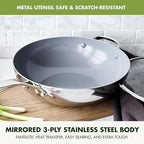 GreenPan Valencia Pro Tri-Ply Stainless Steel 12” Wok with Lid, Ceramic Nonstick PFAS-Free Coating, Multi Clad Cookware, Induction, Dishwasher Safe, Oven and Broiler Safe