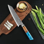 Seido Knives Kiritsuke Damascus Steel Chef Knife Epoxy Resin Stabilized Wood Handle Professional Kitchen Knife VG10 High Carbon Stainless Steel, Sapphire Blue
