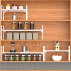 Expandable Kitchen Cabinet Shelf Organizers, Stackable Metal Pantry Storage Shelves Rack, Adjustable Counter Spice Shelf for Cabinets, Countertop, Cupboard Organizers and Storage, White