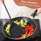 FJNATINH Silicone Spatulas and Turner Set - Stainless Steel Wok Tools, Wok Utensil, Non Stick Turners, Heat Resistant Rubber Spatulas for Fish, Eggs, Pancakes, Wok, Black of 2