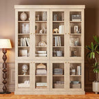 70.8" Tall Brown Bookshelf with Glass Doors, Farmhouse Modular Bookcase with 6-Tier Adjustable Shelves, Large Storage Cabinet for Home Office, Living Room, Set of 3