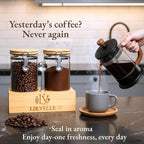 Airtight Coffee Canister with Scoop | Curated Glass Storage Set for Beans, Grounds & Sugar | 9-Piece Ritual Organizer with Bamboo Base, Versatile Artisan Spoon, Labels & Cleaning Brush