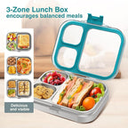 Stainless Steel Lunch Box, 3 Compartments Metal Bento Box for Kids Adults, Leak-Proof Lunch Box for School Office, Dishwasher Safe, BPA-Free, Tritan Lid, Blue