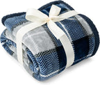 Pavilia Blue Navy Plaid Sherpa Throw Blanket for Couch, Plush Flannel Fleece, Soft Fuzzy Cabin for Sofa Bed, Warm Cozy Winter Gift, 50x60