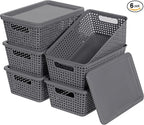 Plastic Storage Baskets With Lid, Storage Bins for Organizing, Stackable Decorative Containers for Shelves Drawers Desktop Closet Playroom Classroom Office, 6 Pack-Grey