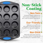 NutriChef 6-Piece Baking Pan Set - Carbon Steel Stackable Bakeware with Blue Silicone Handles & Nonstick Coating, Includes Cookie Sheets, Roaster Pan with Lid, Loaf Pan, and 12 Cup Muffin Pan (Gray)