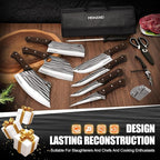 MDHAND 14PCS Professional Butcher Knife Set with Roll Bag, Hand Forged Serbian Chef Knife Set, Heavy Duty Meat Cleaver Knives, Boning Knife, Meat Cutting Knife for Kitchen, Gift for Men, BBQ, Camping