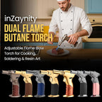 Dual Flame Butane Torch - Refillable Handheld Blow Torch for Cooking, Soldering, & Resin Art w/Adjustable Flame & Ignition Lock - Kitchen Blow Torch & Luxurious Gift Box by inZaynity - Brown Steel