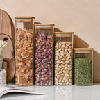 64oz Rectangle Airtight Glass Storage Containers with Bamboo Lids (Set of 4), Square Food Storage Jar, Pantry Organizers for Cereal, Flour, Pasta and Coffee beans (‎with Black Lable)