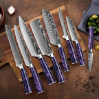 SENKEN 16-Piece Kitchen Knife Block Set - Japanese Chef's Knife Set with Laser Damascus Pattern, Includes 6 Steak Knives and Smoothly-Finished Acacia Hardwood Knife Block (Purple Resin Handles)