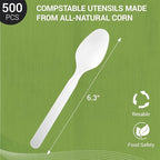 Compostable Spoons [500 Pcs] Disposable Spoons Bulk BPI Certified BPA-Free, Heat Resistant, Durable Disposable Utensils Alternative to Plastic Silverware for Daily, Party & Camping