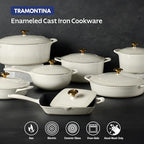 Tramontina Bestow Enameled Cast Iron Braiser Pan with Lid, 4-quart, Latte with Gold Knob
