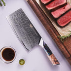 FINDKING Nebula Series Cleaver Knife, Multipurpose Chinese Chef Knife, 10Cr15CoMov Damascus Steel Blade, Resin and Figured Sycamore Handle, Full Tang, 7 Inch, Blue, for Meat, Vegetable Shredding