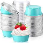 Eaasty 150 Pcs Baking Cups with Lids, 1.6 oz Muffin Cupcake Liners Aluminum Foil Mini Cake Pans Small Disposable Ramekin Flan Containers with Lids for Christmas, Birthday, Various Holiday (Light Blue)