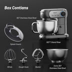 Stand Mixer, 3.5QT+6QT Two Bowls Kitchen Electric Mixer, 600W 6+P speed Tilt-Head Food Mixer with Stainless Steel Bowl, Dishwasher-Safe Dough Hook, Flat Beater, Wire Whisk, Splash Guard, Grey