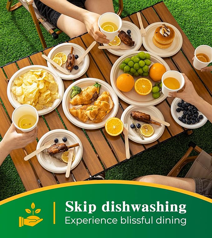 125 Count Compostable Paper Plates, 6 Inch Heavy Duty Disposable Plates by Biodegradable Bagasse, Dessert Plates Bulk for Party | Microwave-Safe | Soak-Resistant, Cut Resistant