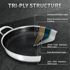 Hybrid Nonstick Skillet with Lid 12 Inch, Stainless Steel Paella Pan with Two Handles Multi-Functional Pan Dishwasher and Oven Safe