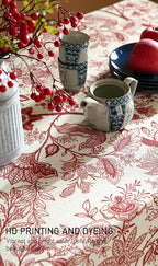 ISAENNE Designer French Linen Small Rectangular Tablecloth,Red Floral Washable Indoor Table Cloth,Durable Home Decor Tablecloths for Dining Thanksgiving Kitchen Party Christmas,55"*71"-Ruyi A