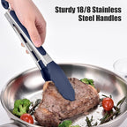 Doosu Kitchen Tongs for Cooking - 600°F Heat Resistant Food Tong with Non-Scratch Silicone Tips, Heavy Duty Stainless Steel Locking Tong for BBQ, Grilling Steak, Serving Salad Pasta (9in, Navy Blue)