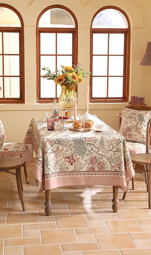 patdrea Designer Pink Linen Table Cloth for Rectangle Table,Vintage Floral with Birds Pattern Decorative Tablcloth,French Table Cover for Kitchen Dining,Thanksgiving,Christmas,63"x87"-Kulom a