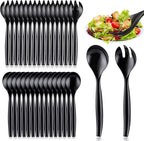 Mwellewm 32Pcs Serving Spoons 10'' Large Plastic Serving Utensils Set Slotted Disposable Serving Forks Heavy Duty Black Party Supplies for Buffet Restaurant Dinner Salad Noodles Soup