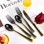 WDF 180 Pieces Black and Gold Plastic Silverware -Halloween Black Plastic Cutlery Incluede 60 Forks 60 Knives 60 Spoons Heavy Duty Disposable Flatware - Gold Utensils for New Year/Party/Daily Use