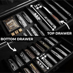 Premium Pocket Knife Display Case for 50 Knives - Extra Large Wooden Knife Organizer, Storage & Holder with Unique Pillars, 2 Drawers - Knife Collection Box - Handcrafted for Men