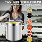 Stainless Steel Stock Pot,100 QT Large Stock Pot with Lid, Heavy Duty Tri-Ply Bottom Commercial Grade Stock Pots for Boiling Cooking Soup Stew Thick Bottom Deep Cookware Big Stockpots
