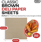 Brown Deli Paper Sheets, 12" x 12" (250 pcs.) - USA-Made Premium Food Basket Liners - PFAS-free Grease Resistant Deli Paper Sheets for Snack & Baking Wrap, Picnic & Party by IDL Packaging