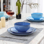 Selamica Ceramic Dinnerware Sets for 6, 18 Pieces Plates and Bowls Set, Scratch Resistant Dishes Set, Handpainted Swirl with Spot Dishwasher & Microwave Safe, Gradient Blue
